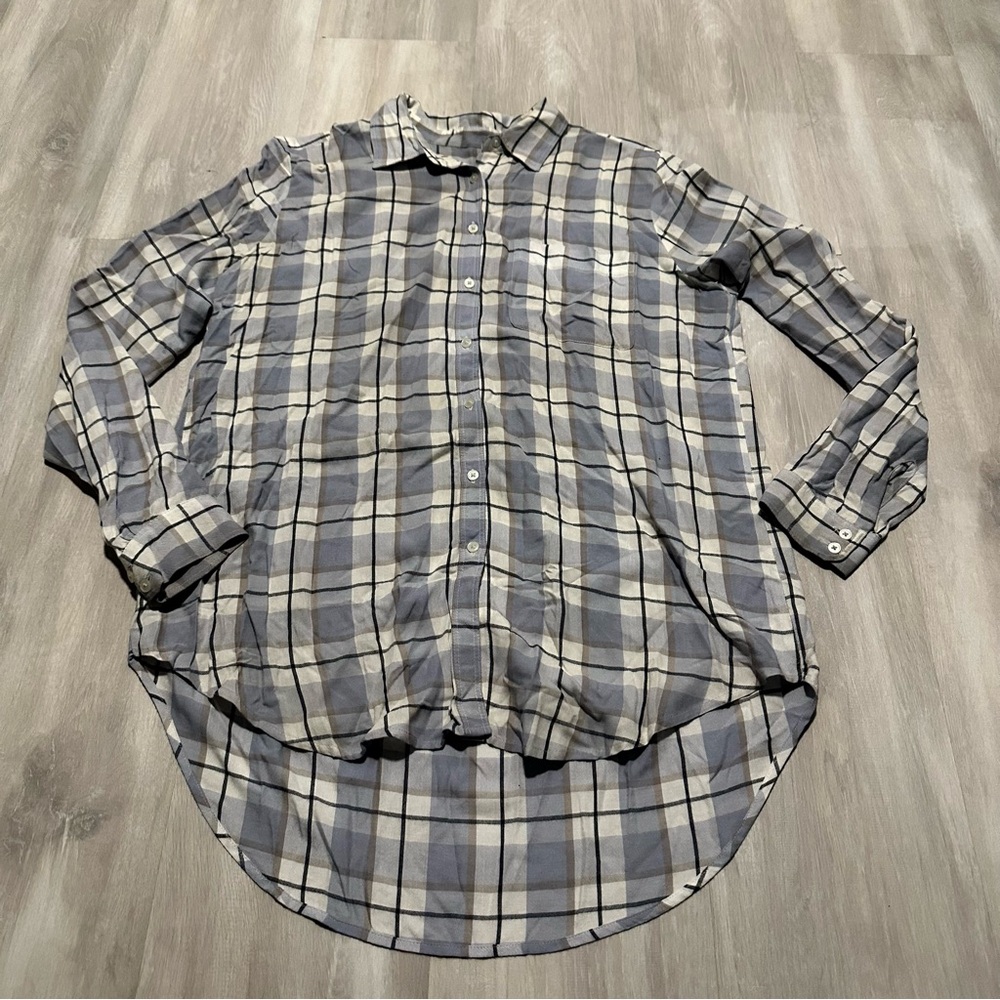 Loft Blue Gray Plaid Button Down Shirt Sz M